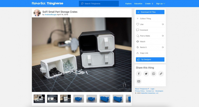   Kuvakaappaus Thingiverse-verkkosivustolta, jossa näkyy 3D-tulostettu pienten osien säilytyslaatikko.