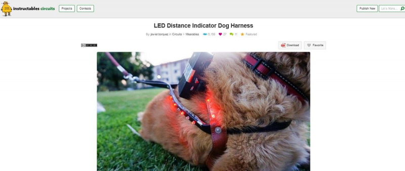   Näyttökuva LED-etäisyysmittarin koiran valjaiden projektisivulta