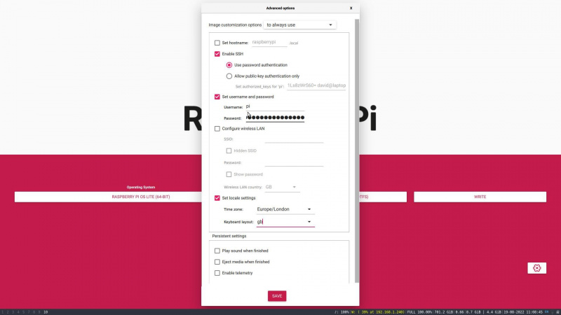   Zaslon s postavkama rpi imagera koji prikazuje omogućavanje SSH-a i postavljeno korisničko ime i lozinku