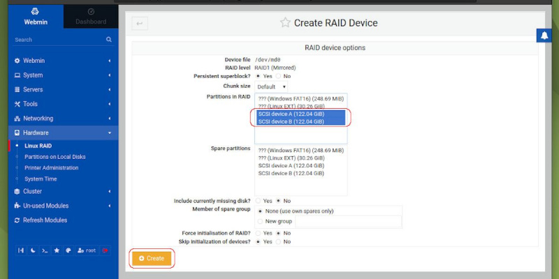   Levyjen lisääminen RAID-1:een luotaessa RAID-laitetta Webmin-liittymän avulla