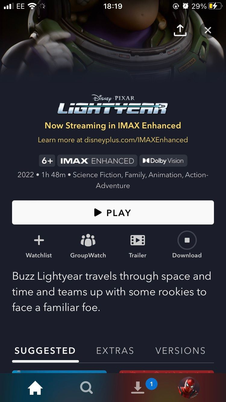   Pagina de previzualizare a filmului Lightyear cu descărcarea acestuia în aplicația Disney Plus iOS