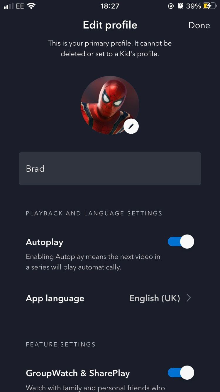   Skärmen Redigera profil på Disney Plus iOS-appen