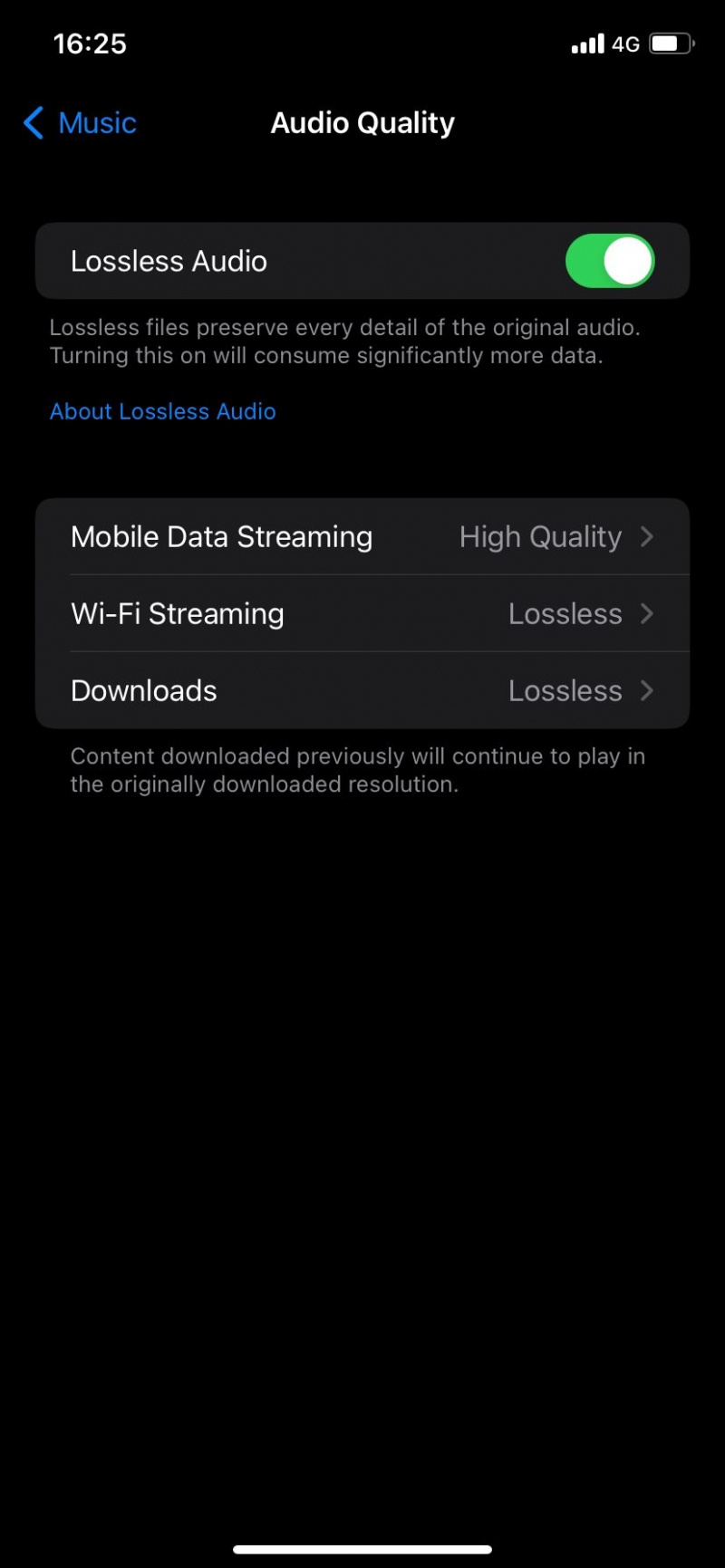   Página de configurações de qualidade de áudio no Apple Music