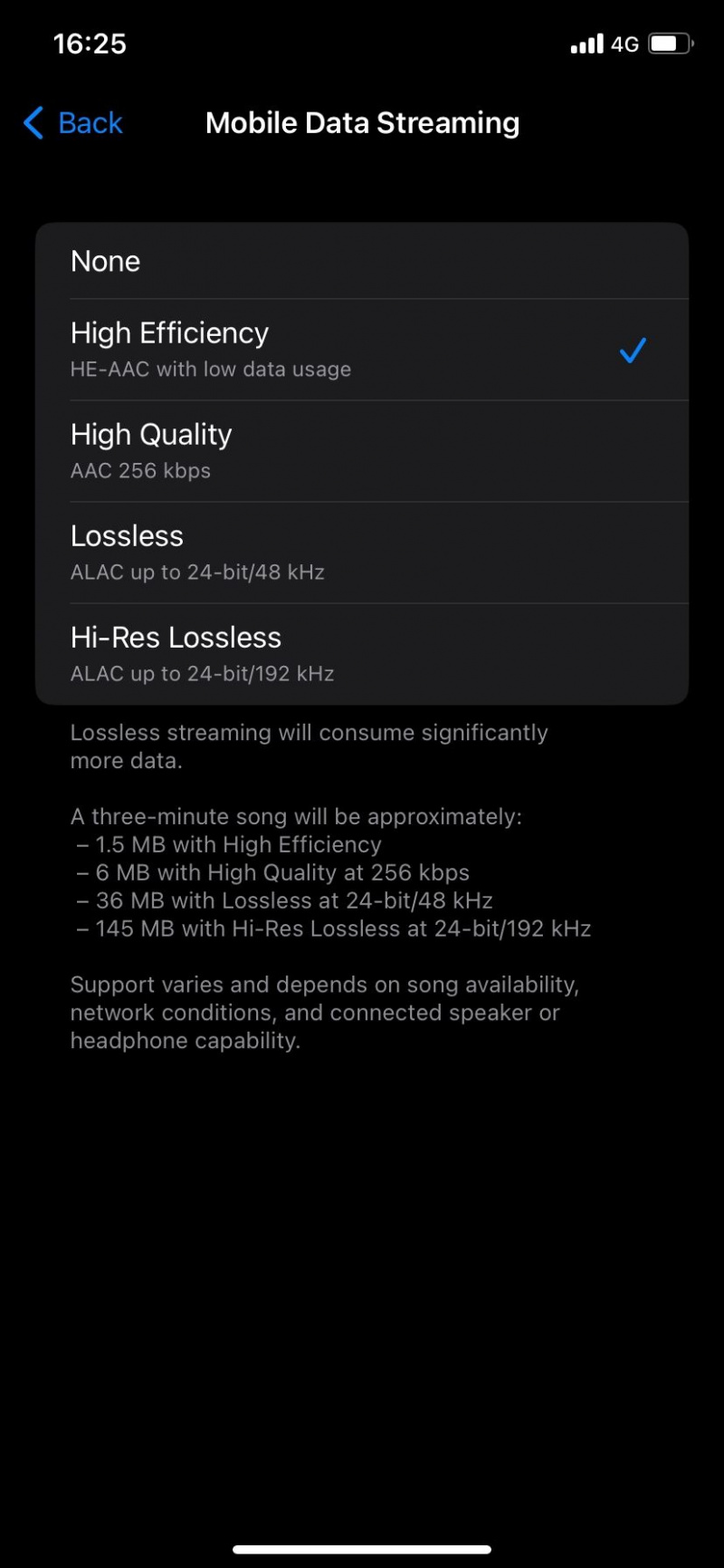   Mga opsyon sa Kalidad ng Audio sa Apple Music