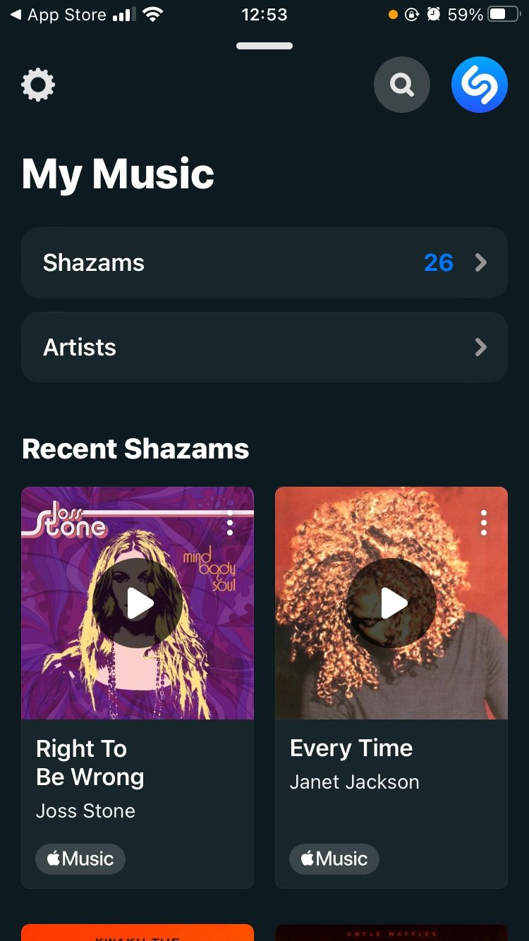   captură de ecran a paginii de pornire a aplicației mobile Shazam