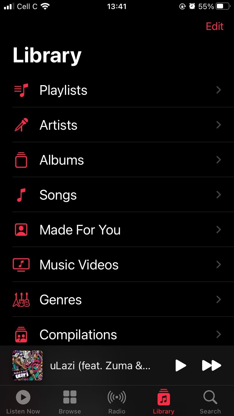   لقطة شاشة لعلامة تبويب المكتبة على تطبيق Apple music للجوال