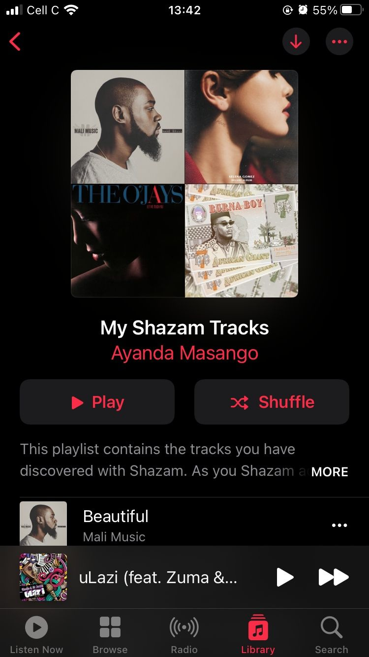   captură de ecran a playlistului meu de melodii Shazam din aplicația mobilă Apple Music
