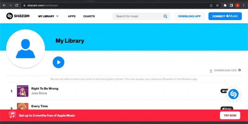   captură de ecran a bibliotecii Shazam de pe desktop