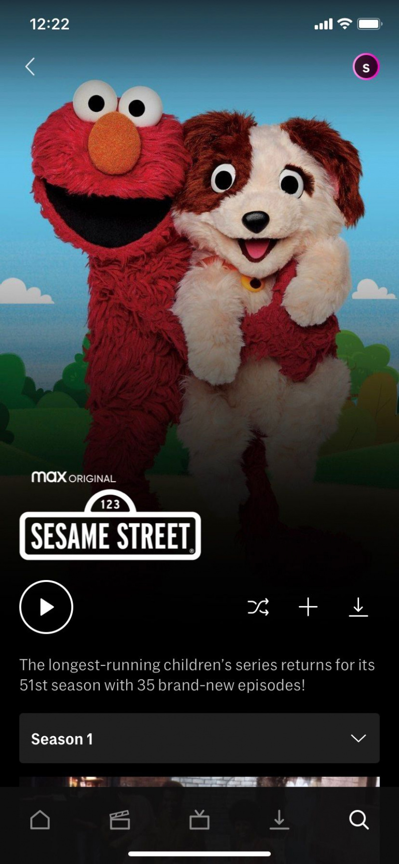   Captură de ecran cu Sesame Street și noul buton de amestecare HBO Max