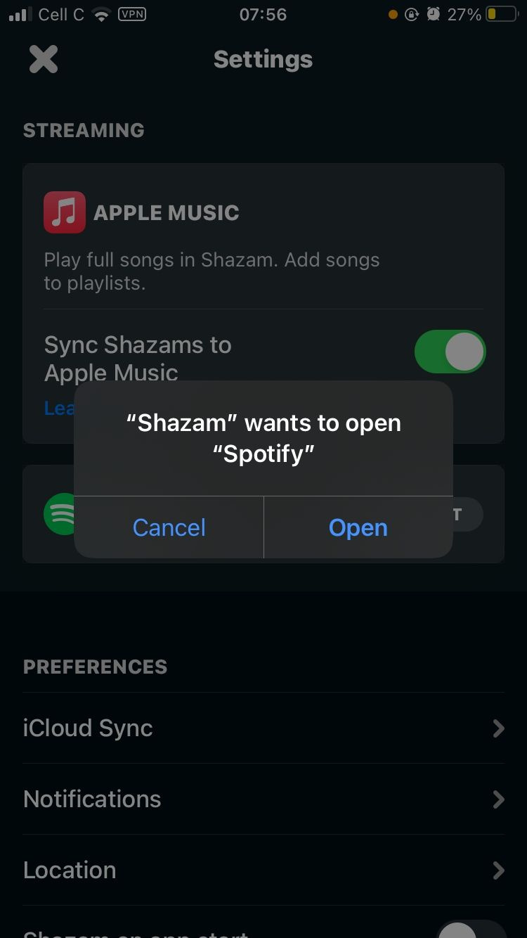   buksan ang spotify pop-up na mensahe sa shazam mobile app