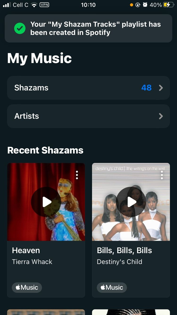  لقطة شاشة توضح أنه تمت إضافة قائمة تشغيل Shazam على Spotify