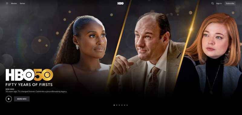   HBO 50 metų „Firsts“ naujas pagrindinis puslapis su daugiau informacijos mygtuku