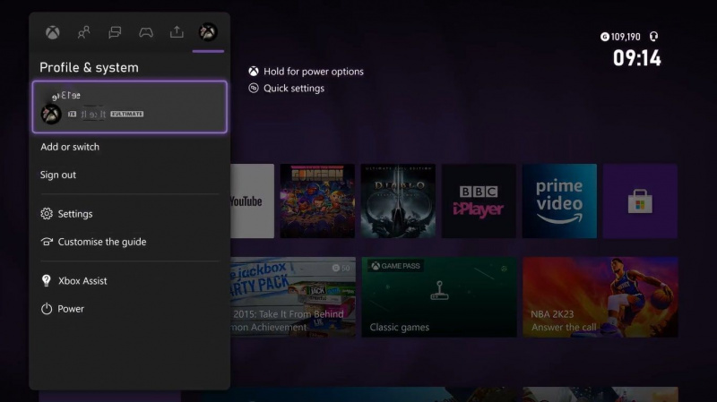   Posnetek zaslona podmenija Xbox Series X za profil in sistemske nastavitve