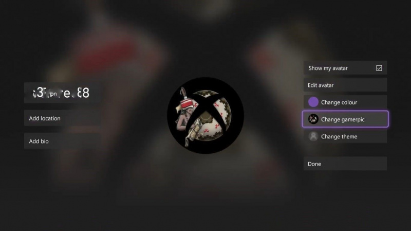   Une capture d'écran des options de votre profil Xbox avec le changement de gamerpic en surbrillance