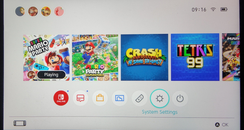  Kuva Nintendo Switchin aloitusnäytöstä, jossa on korostettuna Järjestelmäasetukset