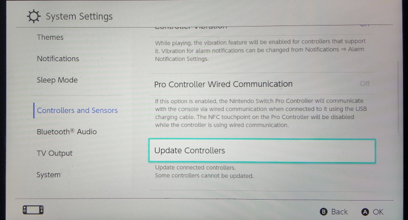  Une photo des paramètres du système Nintendo Switch avec les contrôleurs de mise à jour mis en évidence