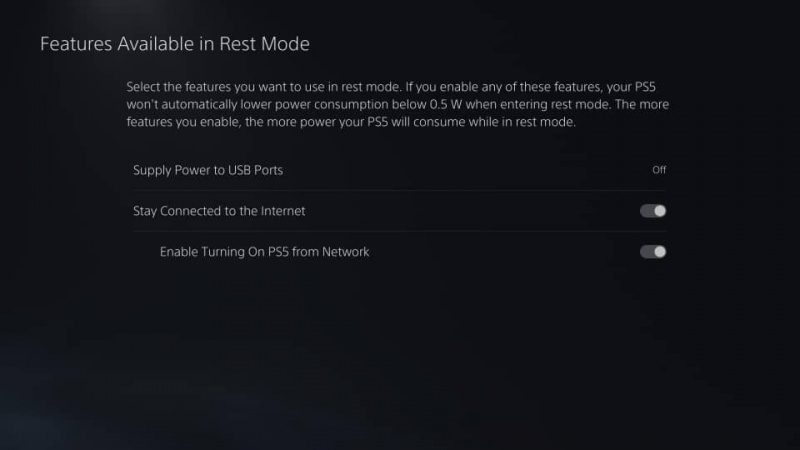   Een PS5-screenshot met de functies die beschikbaar zijn in de rustmodus