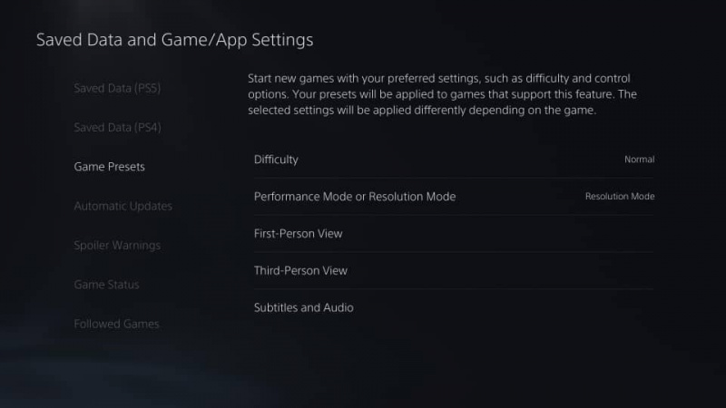   ゲームのプリセット設定を示す PS5 のスクリーンショット