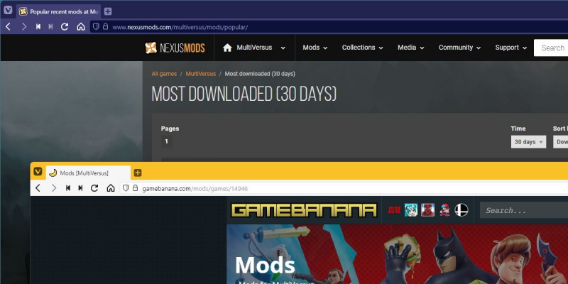  capture d'écran de la page multiversus nexus et de la page gamebanana