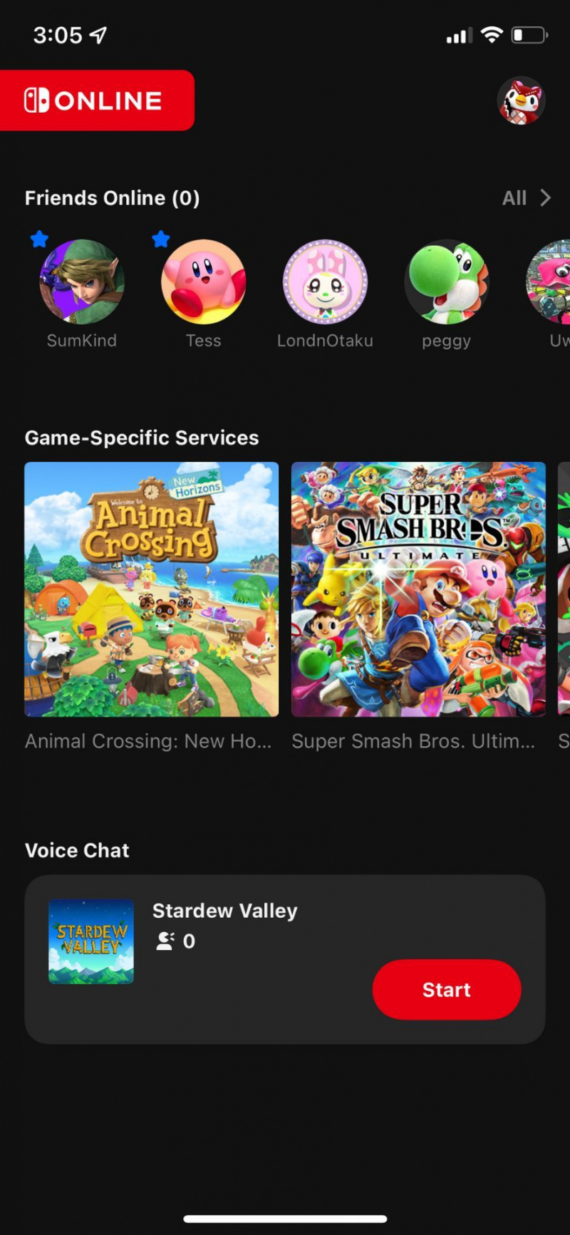   닌텐도 스위치 온라인 약속 호환 게임으로 음성 채팅 설정 및 시작 누르기