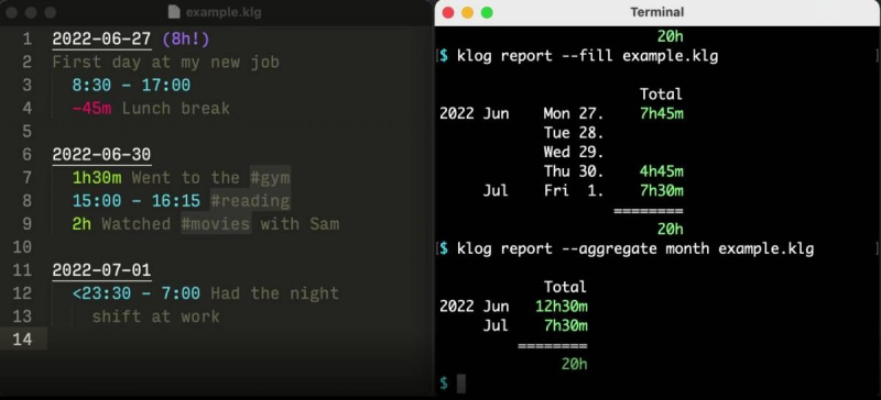   Klog vous permet d'écrire dans un simple bloc-notes pour enregistrer toutes vos activités de suivi du temps et de les calculer dans un terminal de ligne de commande