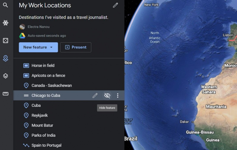   إخفاء الميزة في قائمة العروض التقديمية لبرنامج Google Earth