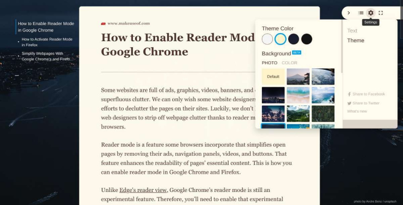   Fika ajoute un mode lecteur pour n'importe quel article dans Chrome, avec une table des matières comme dans Kindle, ainsi que des arrière-plans photo personnalisés