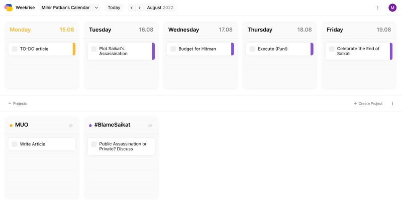  Weekrise vous permet de planifier des tâches pour toute la semaine, avec des projets à code couleur et des éléments à glisser-déposer