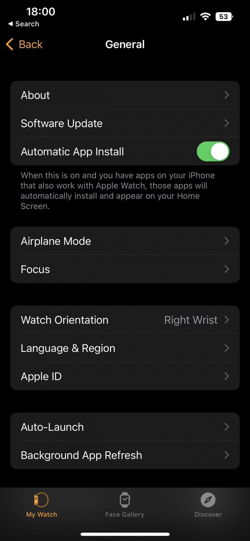   لقطة شاشة لتطبيق Watch تعرض الإعدادات العامة لـ Apple Watch