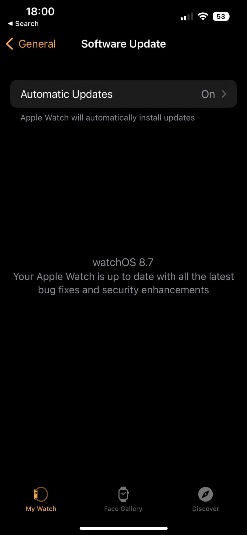   شاهد لقطة شاشة للتطبيق توضح عدم وجود تحديثات متوفرة لـ Apple Watch في الوقت الحالي.