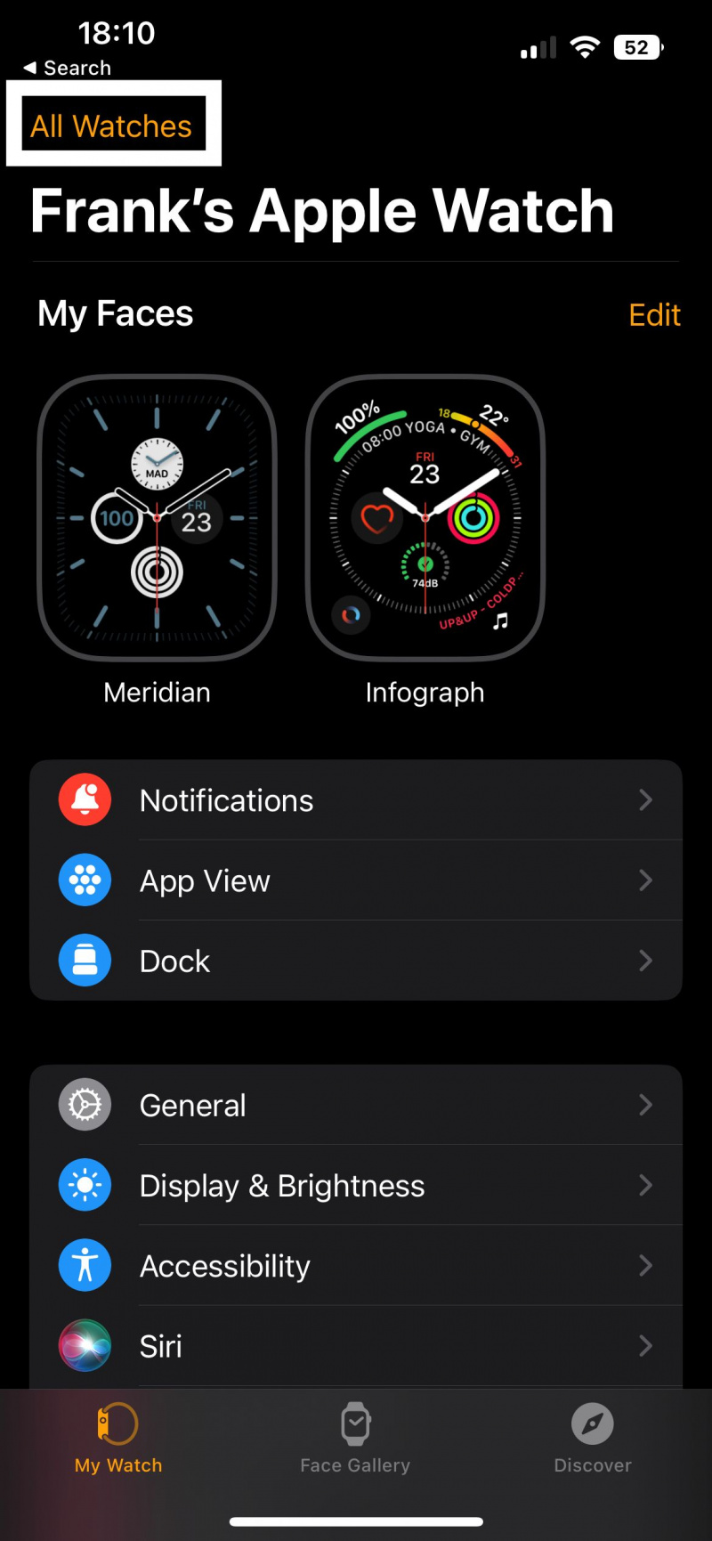   لقطة شاشة لتطبيق Watch توضح مكان النقر للوصول إلى جميع ساعات Apple Watch الخاصة بك.