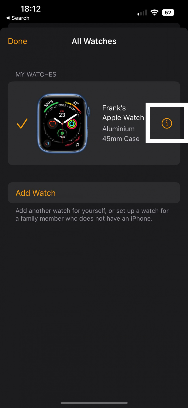   لقطة شاشة لتطبيق Watch توضح مكان النقر للوصول إلى معلومات Apple Watch الخاصة بك.