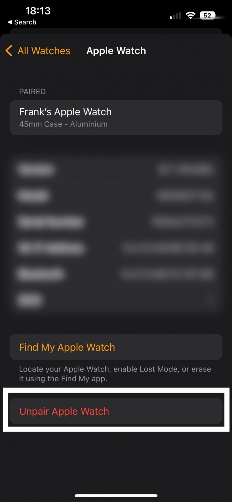   كان من المفترض أن تنقر لقطة شاشة لتطبيق Watch الذي يظهر لإلغاء إقران Apple Watch
