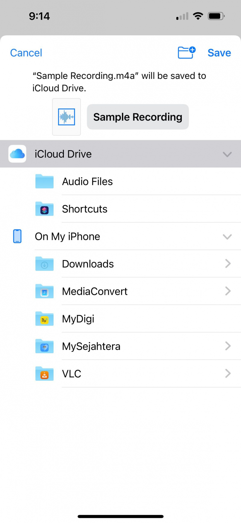   احفظ المذكرة الصوتية على icloud drive على تطبيق ملفات iphone