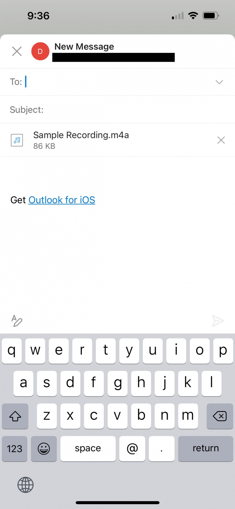   nota de voz de iphone cargada como archivo adjunto de correo electrónico de Outlook