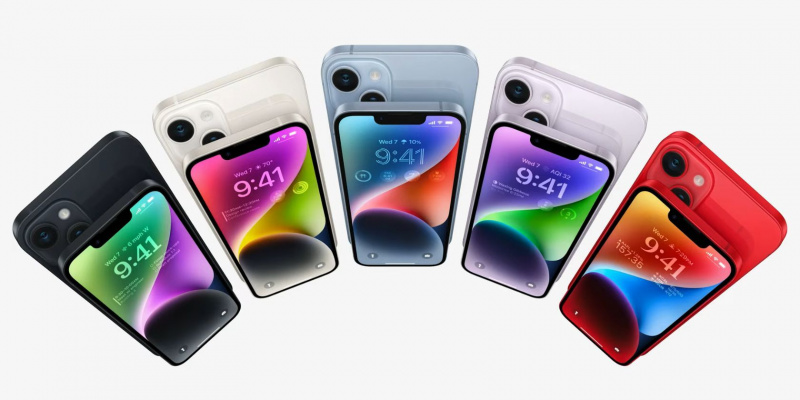   всички цветове на iphone 14 и 14 plus: полунощ, звездна светлина, синьо, лилаво и червено