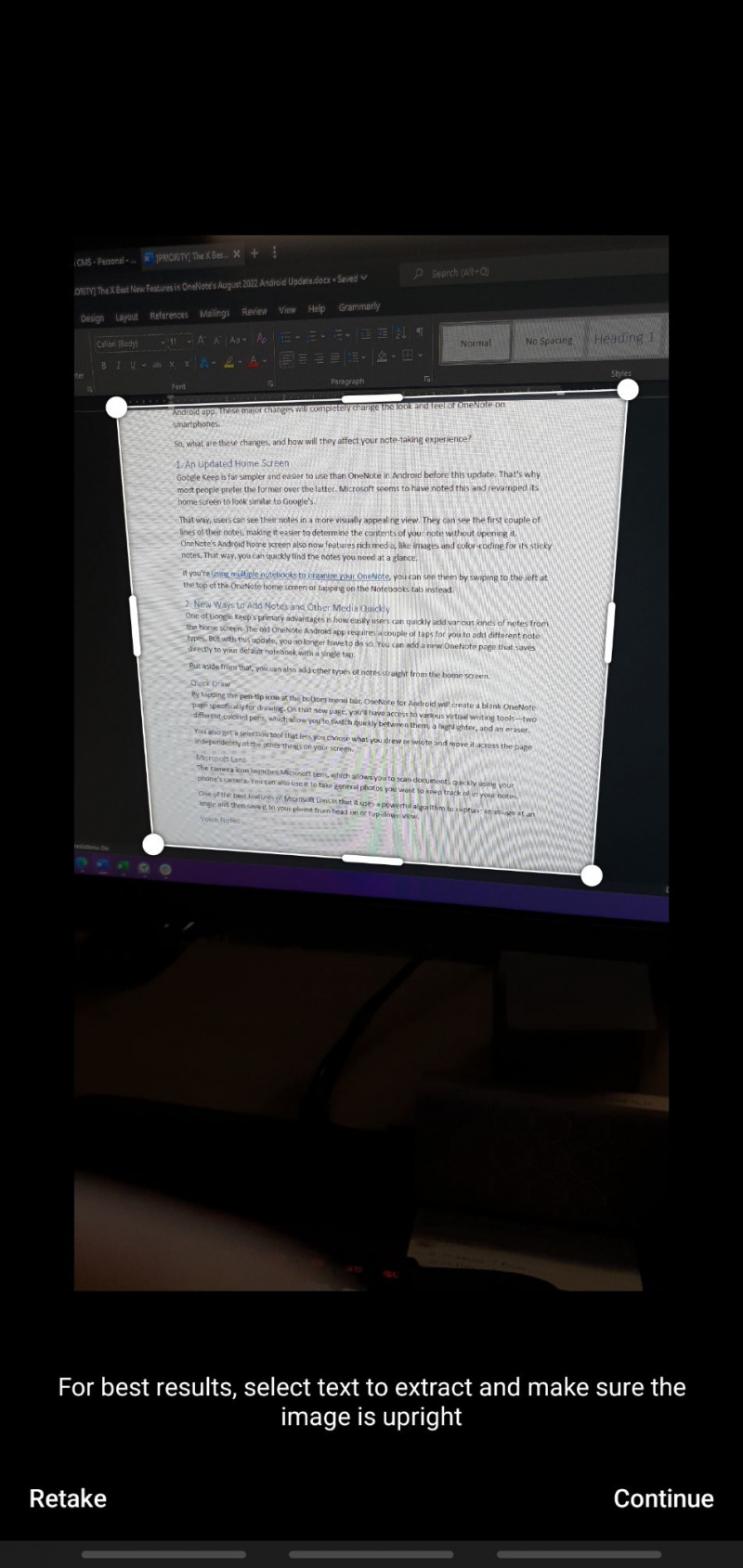   Dokumenta tveršana, izmantojot Microsoft Lens 2