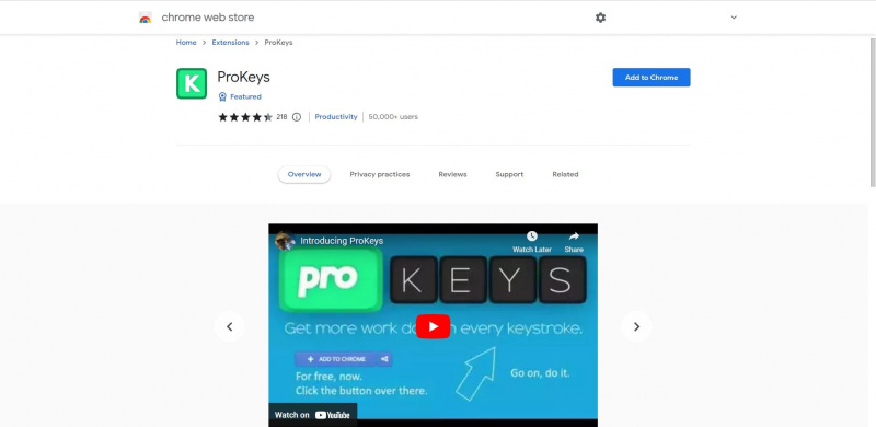   Stran razširitve ProKeys v spletni trgovini Chrome