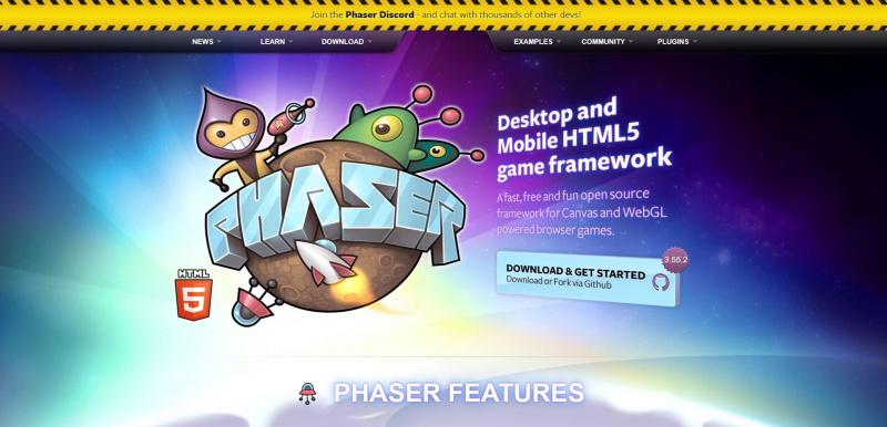   الصفحة الرئيسية لموقع Phaser