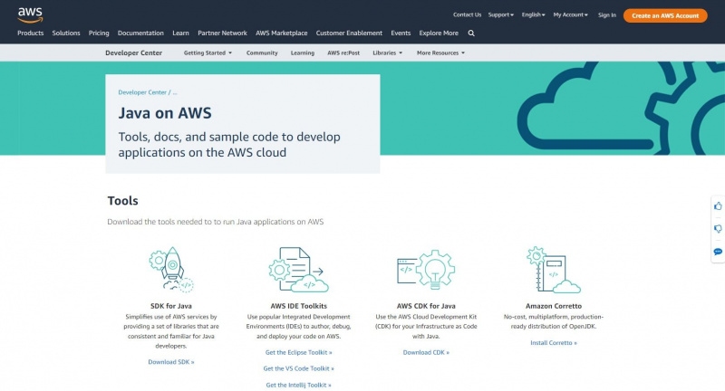   Webová stránka zobrazující Java's compatibility on AWS