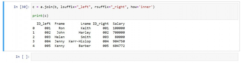   Código que muestra unión interna en Python's dataframes