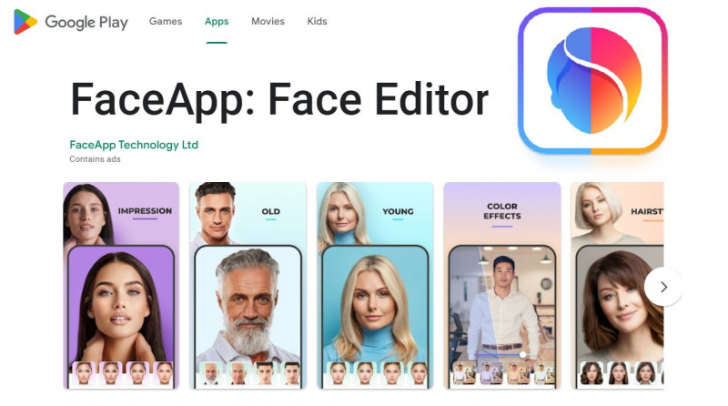   Snímka obrazovky aplikácie FaceApp v službe Google's Play store 