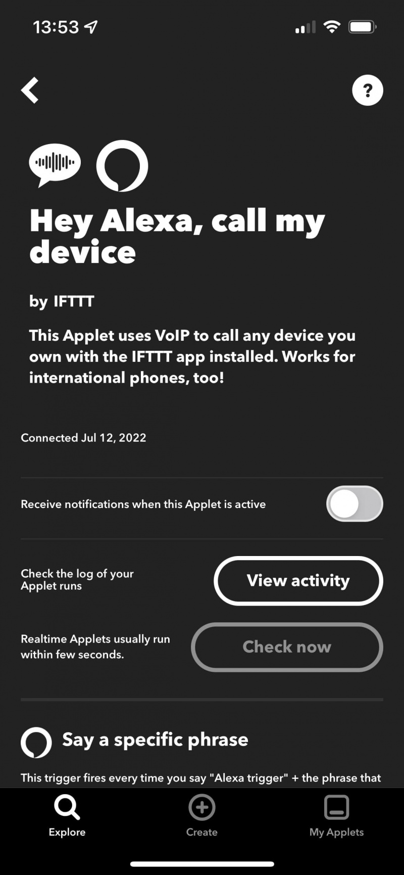   IFTTT 애플릿 설정 페이지의 상단 절반