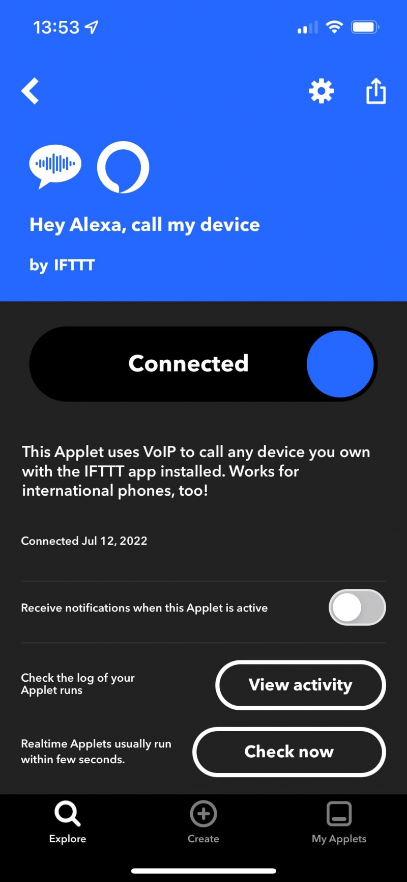   연결된 것으로 표시되는 IFTTT 애플릿