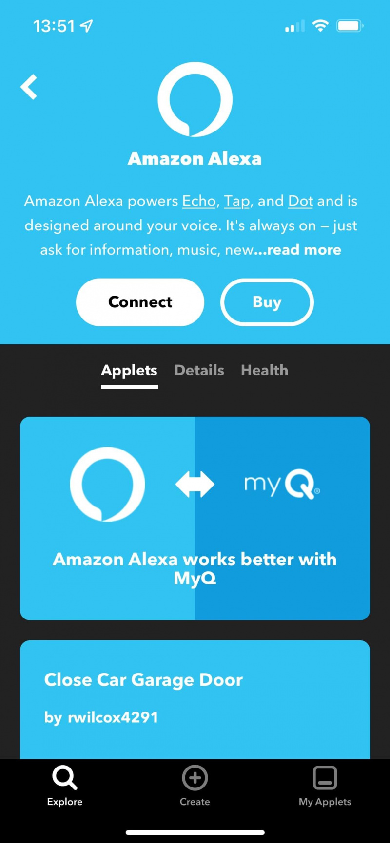   IFTTT 앱의 Amazon Alexa 메인 페이지