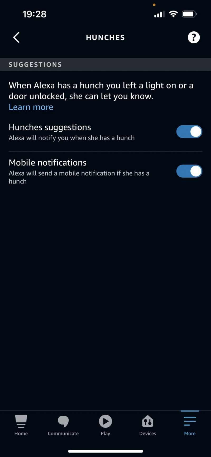   Alexa App Hunches Inställningar