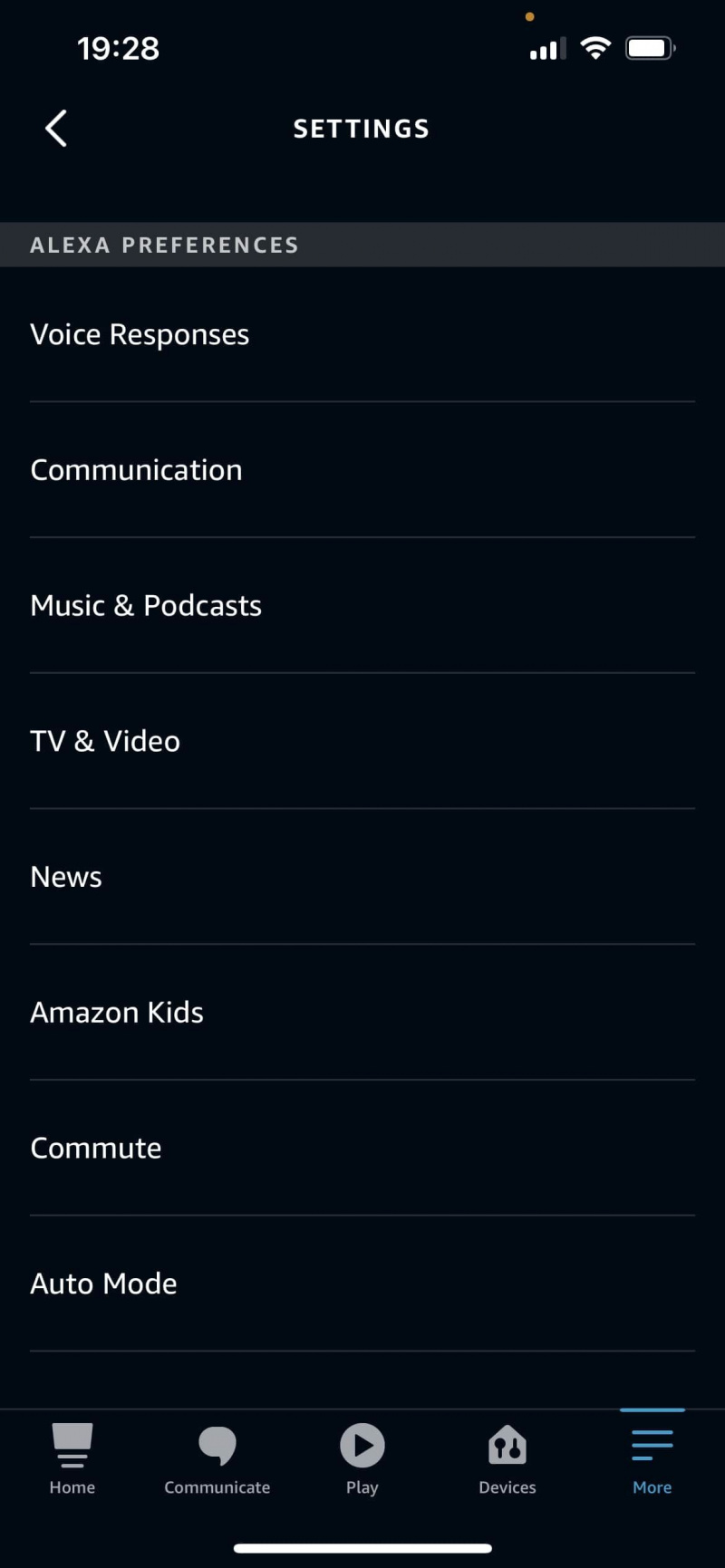   Pagina de preferințe pentru setările aplicației Alexa