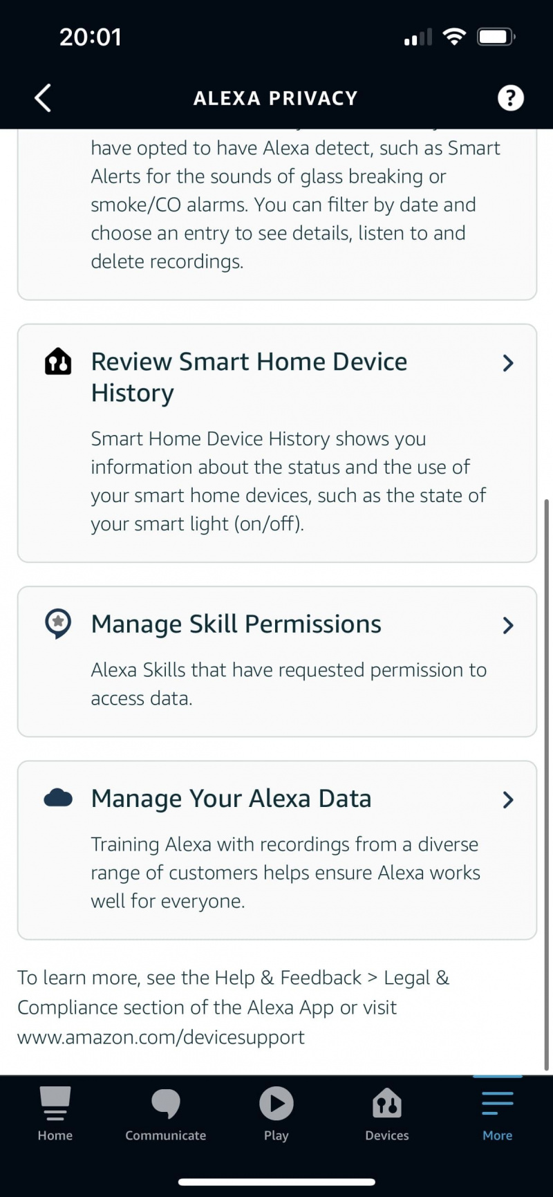   Pagina de confidențialitate a aplicației Alexa