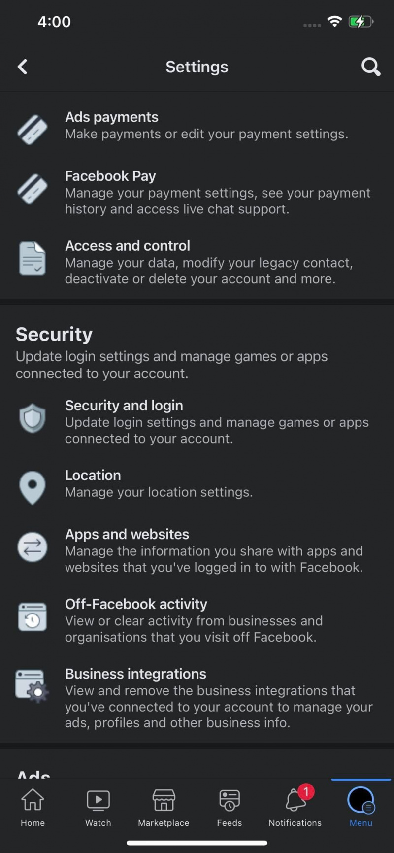   Klicka på Inställningar för appar och webbplatser under fliken Säkerhet för att kontrollera länkade appar i inställningarna för Facebook för iOS