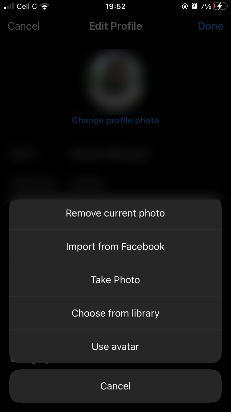   screenshot met opties voor het uploaden van instagram profielfoto's